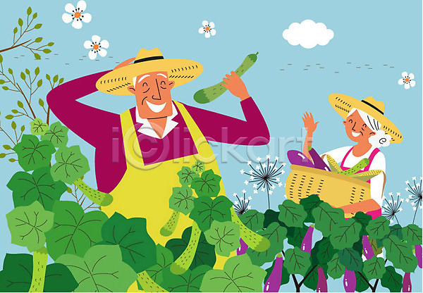 여유 즐거움 휴식 남자 노년 두명 여자 AI(파일형식) 일러스트 가지 구름(자연) 꽃 노부부 농사 밀짚모자 바구니 상반신 수확 실버라이프 앞치마 오이 옥수수 채소 텃밭 할머니 할아버지