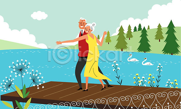 즐거움 휴식 남자 노년 두명 여자 AI(파일형식) 일러스트 구름(자연) 꽃 나무 노부부 다리 백조 실버라이프 자연 전신 할머니 할아버지 호수 휴가