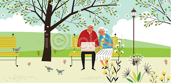 여유 남자 노년 두명 여자 AI(파일형식) 일러스트 가로등 공원 구름(자연) 꽃 나무 노부부 벤치 비둘기 스마트폰 실버라이프 앉기 전신 컴퓨터 한가함 할머니 할아버지