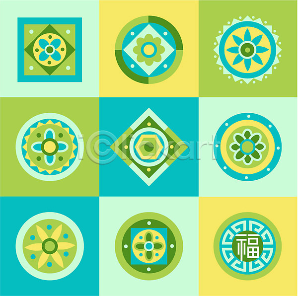 사람없음 AI(파일형식) 아이콘 일러스트 꽃무늬 디자인 무늬 문양 사각형 세트 와당문양 원형 전통 전통문양 컬러풀 패턴 한국 한국문화 한국전통