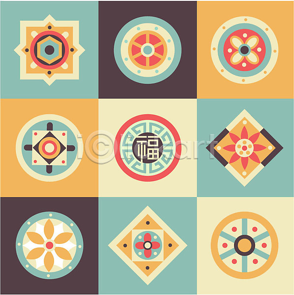 사람없음 AI(파일형식) 아이콘 일러스트 꽃무늬 디자인 무늬 문양 사각형 세트 와당문양 원형 전통 전통문양 컬러풀 패턴 한국 한국문화 한국전통