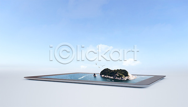 사람없음 3D PSD 디지털합성 편집이미지 VR기기 가상현실 갈매기 그래픽 바다 배(교통) 섬 태블릿 합성