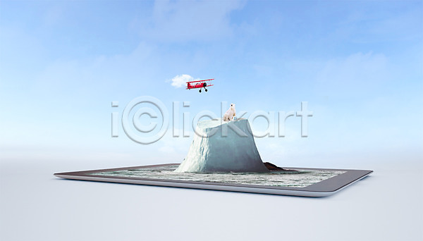사람없음 3D PSD 디지털합성 편집이미지 VR기기 가상현실 그래픽 바다 북극곰 비행기 빙하 얼음 태블릿 한마리 합성 해빙