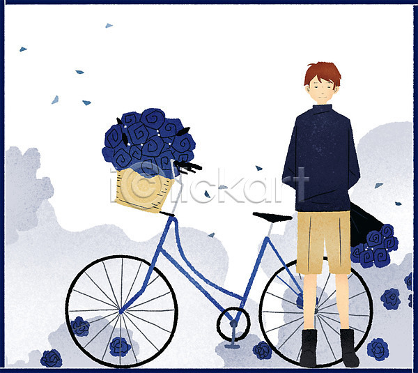 감성 10대 남자 청소년 한명 PSD 일러스트 꽃다발 들기 서기 자전거 장미 전신