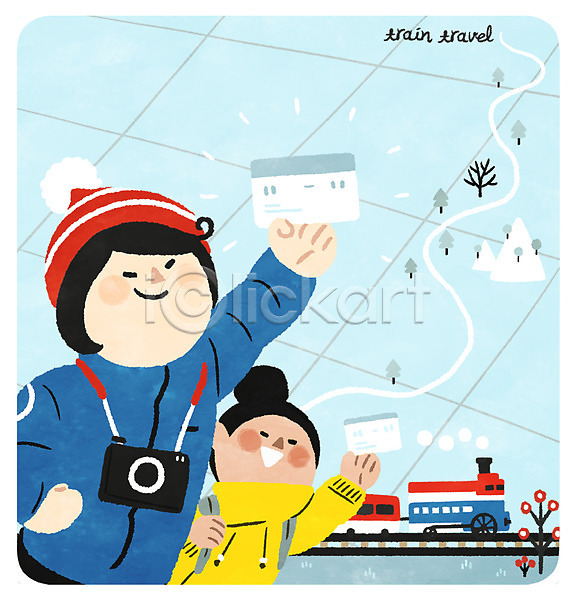 남자 두명 성인 여자 PSD 일러스트 겨울 기차 기차여행 기찻길 나무 산 상반신 여행 철도의날 친구 카메라 티켓