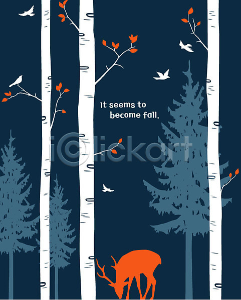 고독 고요 사람없음 AI(파일형식) 실루엣 일러스트 가을(계절) 나무 나뭇잎 사슴 여러마리 자연 조류