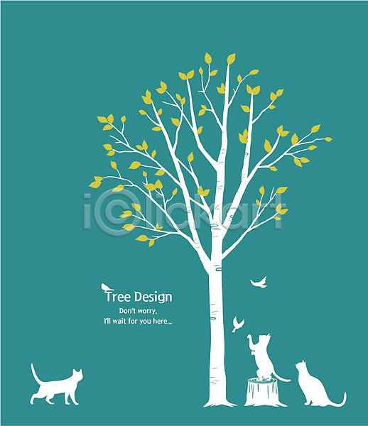 사람없음 AI(파일형식) 실루엣 일러스트 고양이 나무 나무밑둥 나뭇잎 여러마리 장난 조류 청록색