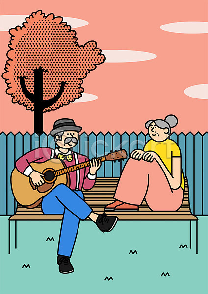 남자 노년 두명 여자 PSD 일러스트 기타 나무 노을 벤치 실버라이프 연주 울타리 전신 할머니 할아버지