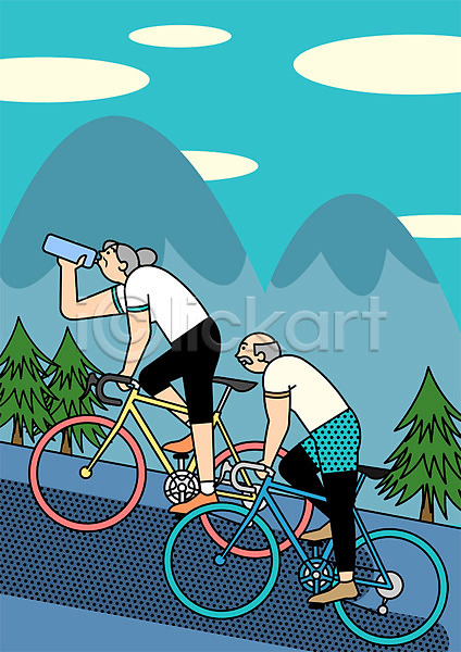 남자 노년 두명 여자 PSD 일러스트 물통 사이클링 실버라이프 자전거 전신 하이킹 할머니 할아버지