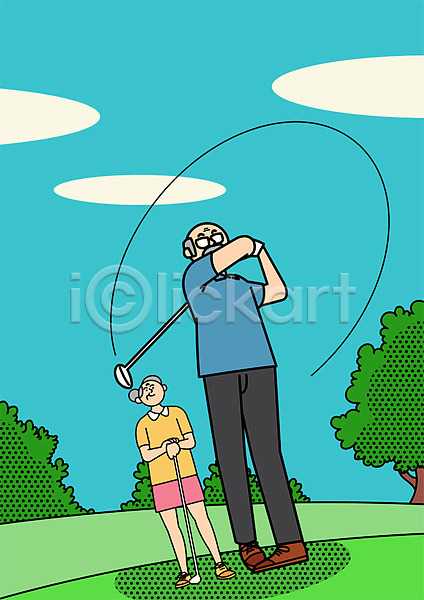 남자 노년 두명 여자 PSD 일러스트 골프 서기 스윙 실버라이프 전신 필드 할머니 할아버지