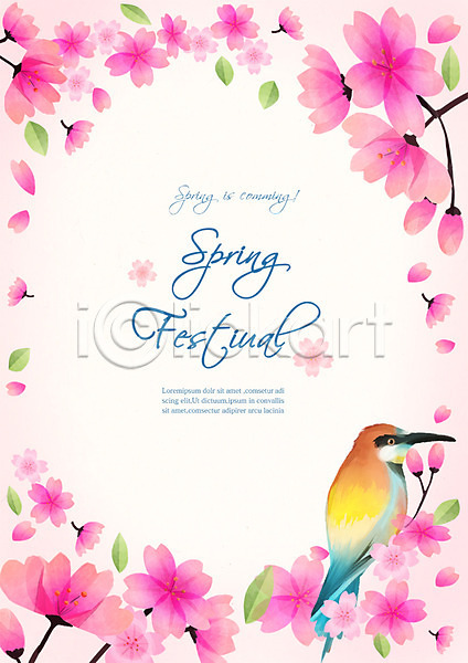 사람없음 PSD 일러스트 프레임일러스트 계절 백그라운드 벚꽃 봄 봄배경 수채화(물감) 조류 포스터 프레임 한마리