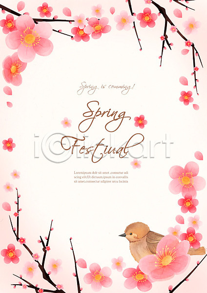 사람없음 PSD 일러스트 프레임일러스트 계절 꽃 매화 백그라운드 봄 봄배경 수채화(물감) 참새 포스터 프레임
