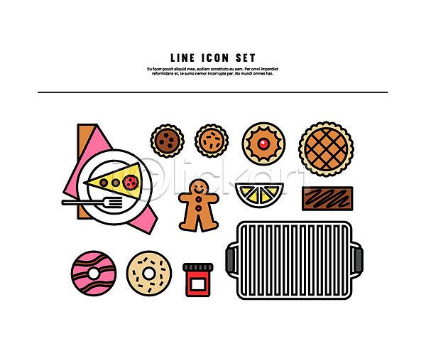사람없음 AI(파일형식) 라인아이콘 아이콘 도넛 레몬 볼드라인 세트 제빵 조각케이크 진저맨 쿠키 파이(빵)