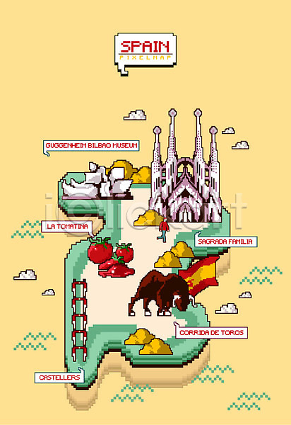 사람 여러명 AI(파일형식) 일러스트 구겐하임미술관 미술관 사그라다파밀리아 성당 스페인 인간탑쌓기 전신 지도 축제 토마토 투우 픽셀
