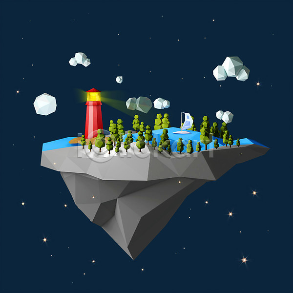 사람없음 3D PSD 디지털합성 편집이미지 구름(자연) 그래픽 나무 돛단배 등대 로우폴리 바다 배 별 섬 야간 폴리곤