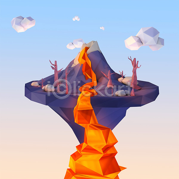 사람없음 3D PSD 디지털합성 편집이미지 구름(자연) 그래픽 나무 로우폴리 바위 섬 용암 폴리곤 화산