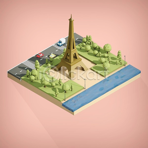 사람없음 3D PSD 디지털합성 편집이미지 가로등 강 공원 그래픽 나무 도로 랜드마크 로우폴리 아이소메트릭 에펠탑 자동차 트럭 팝업일러스트 폴리곤 프랑스