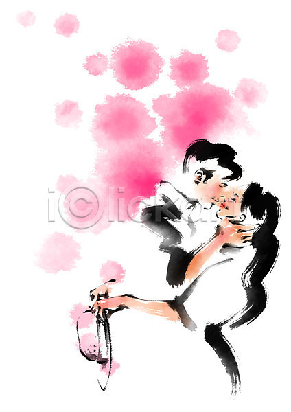 남자 두명 성인 여자 PSD 일러스트 모자(잡화) 번짐 분홍색 상반신 캘리그라피 커플 키스