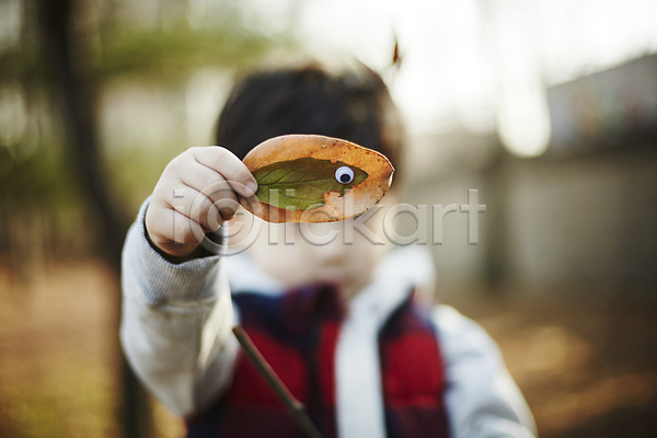 남자 소년 소년한명만 어린이 한국인 한명 JPG 아웃포커스 앞모습 포토 가을(계절) 공원 나뭇잎 들기 보여주기 상반신 서기 야외 장난감 조끼 주간