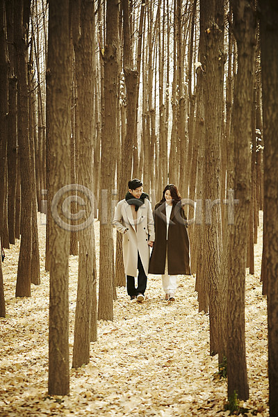 다정 산책 20대 30대 남자 두명 성인 성인만 여자 한국인 JPG 앞모습 포토 가을(계절) 걷기 나무 손잡기 숲 신혼부부 야외 전신 주간