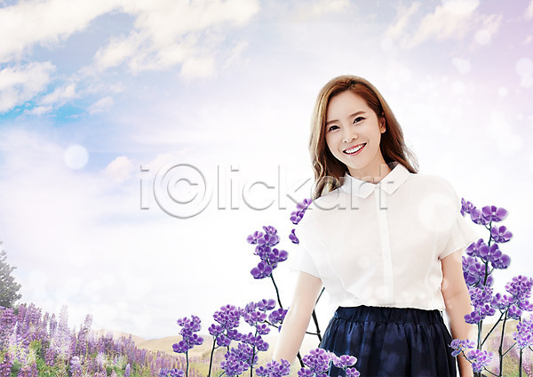 20대 성인 여자 한국인 한명 PSD 편집이미지 구름(자연) 꽃 봄 상반신 웃음 편집 하늘