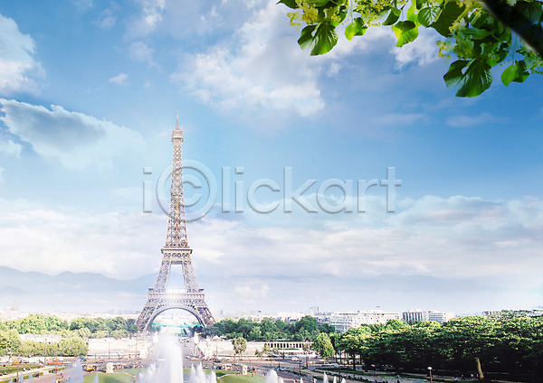 여러명 PSD 편집이미지 관광지 구름(자연) 나뭇잎 도시 분수대 에펠탑 여행 여행객 유럽여행(여행) 편집 프랑스 하늘
