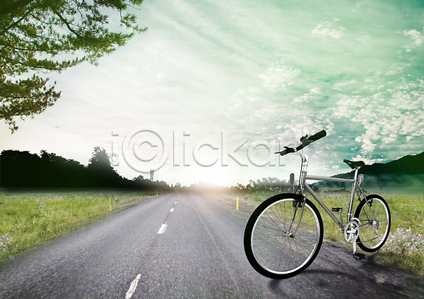 사람없음 PSD 편집이미지 구름(자연) 나무 도로 레저 원근감 자전거 편집 하늘