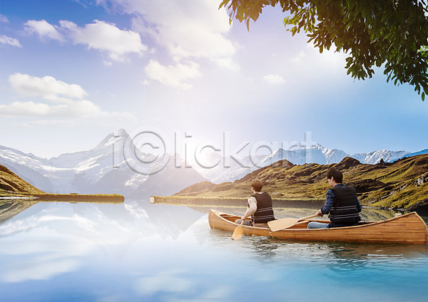 남자 두명 성인 PSD 뒷모습 편집이미지 강 구름(자연) 나룻배 나무 노젓기 산 앉기 여행 카누 편집 하늘