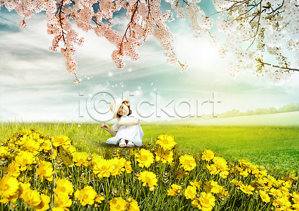 어린이 여자 한국인 한명 PSD 편집이미지 구름(자연) 꽃밭 나뭇가지 모자(잡화) 벚꽃 봄 앉기 전신 편집 하늘