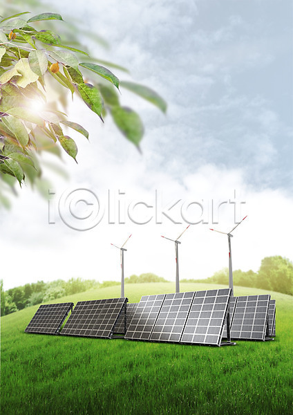 사람없음 PSD 편집이미지 구름(자연) 그린에너지 그린캠페인 나뭇잎 자연 자연보호 집열판 초원(자연) 태양에너지 편집 풍력에너지 하늘 환경