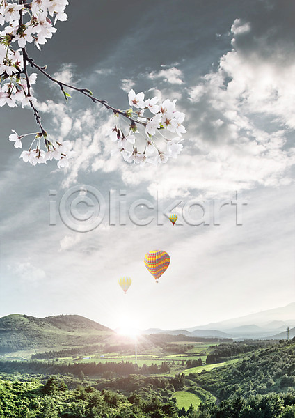 사람없음 PSD 편집이미지 구름(자연) 꽃 나뭇가지 벚꽃 봄 산 열기구 자연 편집 하늘