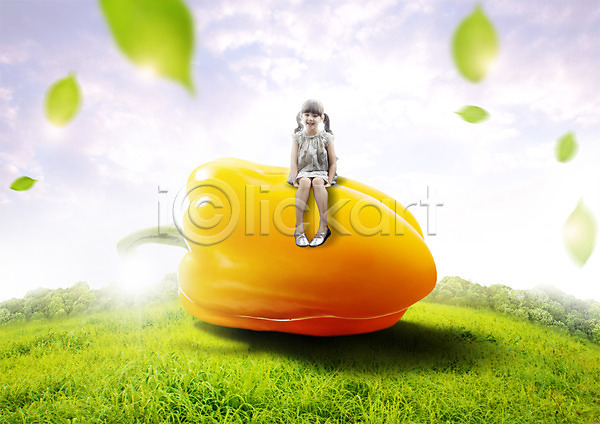 서양인 어린이 여자 한명 PSD 편집이미지 구름(자연) 나뭇잎 앉기 전신 초원(자연) 편집 피망 하늘