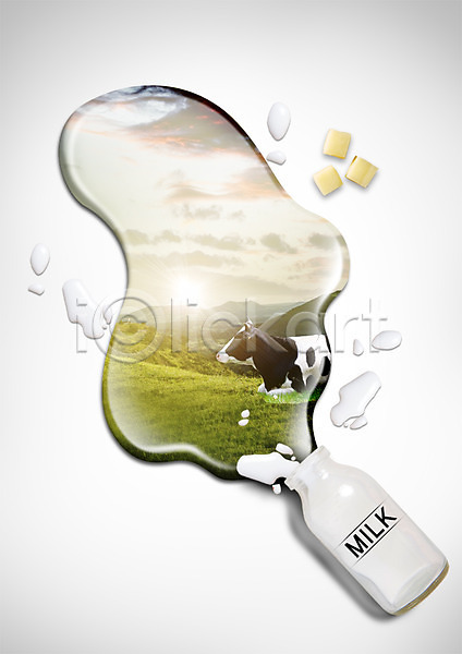 사람없음 PSD 편집이미지 구름(자연) 물 우유 유기농 유리병 젖소 초원(자연) 치즈 편집 하늘