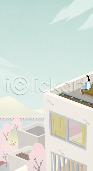 따뜻함 소녀(어린이) 여자 청소년 한명 PSD 일러스트 벚꽃 봄 산 앉기 옥상 전신 평상 하늘