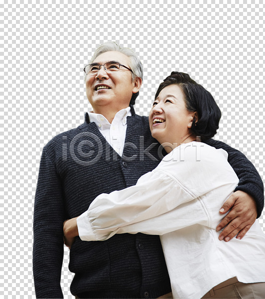 다정 휴식 60대 남자 노년 노인만 두명 여자 한국인 PNG 앞모습 옆모습 편집이미지 노부부 상반신 서기 웃음 응시 편집소스 포옹 할머니 할아버지