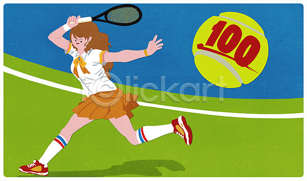 10대 여자 청소년 한명 PSD 일러스트 100점 교복 만점 성적 스포츠 시험 전신 테니스 테니스공 학생