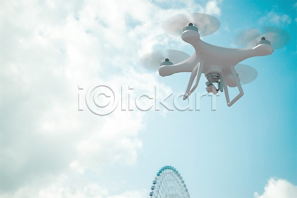 사람없음 3D PSD 디지털합성 편집이미지 구름(자연) 그래픽 놀이공원 대관람차 드론 디지털아트 비행 야외 점검 주간 하늘