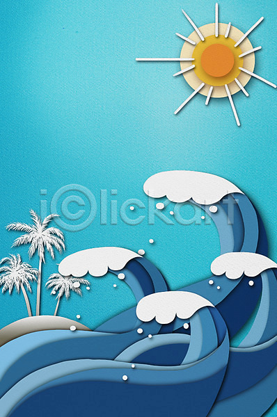 상상 사람없음 PSD 일러스트 날씨 바다 백그라운드 사계절 야자수 여름(계절) 여름배경 태양 파도 페이퍼아트