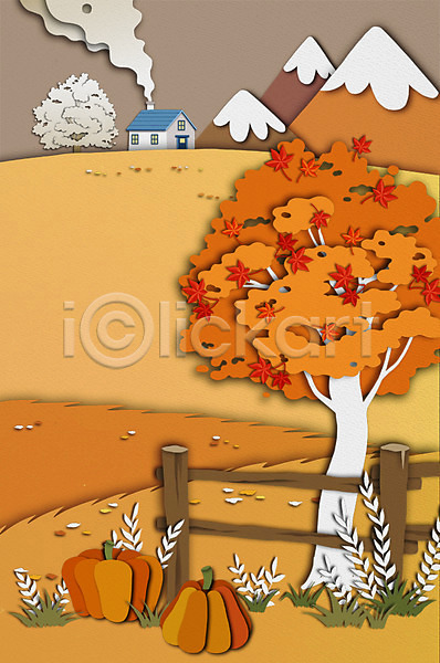 상상 사람없음 PSD 일러스트 날씨 단풍나무 덩굴 백그라운드 사계절 산 수확 연기 울타리 주택 페이퍼아트 호박