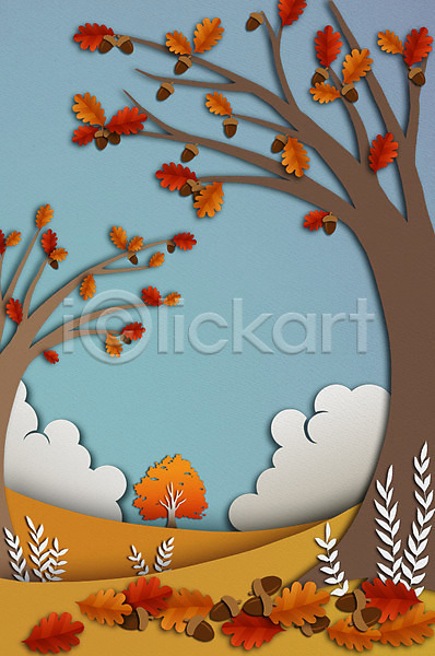 상상 사람없음 PSD 일러스트 가을(계절) 가을배경 구름(자연) 나뭇잎 날씨 덩굴 도토리나무 백그라운드 사계절 페이퍼아트