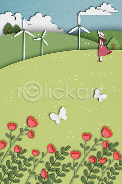 상상 성인 여자 한명 PSD 일러스트 꽃밭 나무 나비 날씨 백그라운드 사계절 여름(계절) 여름배경 페이퍼아트 풍력기