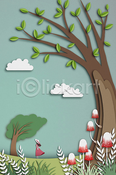 상상 성인 여자 한명 PSD 일러스트 구름(자연) 나무 날씨 덩굴 백그라운드 버섯 봄 봄배경 사계절 페이퍼아트
