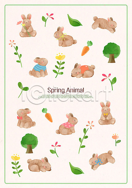 사람없음 PSD 일러스트 계절 꽃 나무 당근 봄 여러마리 토끼 패턴