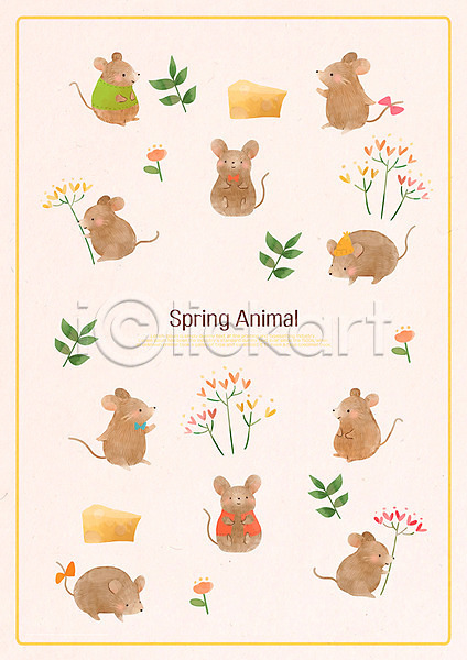 사람없음 PSD 일러스트 계절 꽃 나뭇잎 봄 여러마리 쥐 치즈 패턴