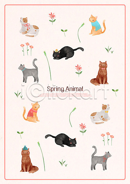 사람없음 PSD 일러스트 계절 고양이 꽃 나뭇잎 봄 여러마리 패턴