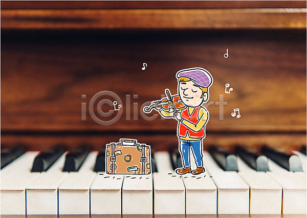남자 성인 한명 AI(파일형식) 편집이미지 건반 건반악기 바이올리니스트 바이올린 악기 여행가방 연주 피아노(악기)