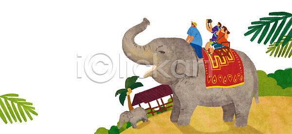 남자 성인 세명 여자 PSD 일러스트 동남아시아 동남아여행 야자수 여행 전신 코끼리 코끼리트래킹 태국