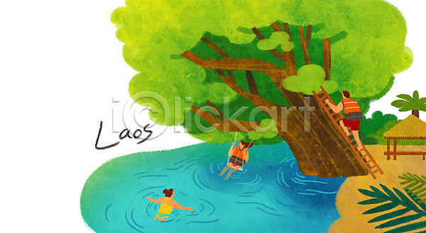 남자 성인 세명 여자 PSD 일러스트 그네 나무 동남아시아 동남아여행 라오스 블루홀 사다리 수영 수영복 여행 전신