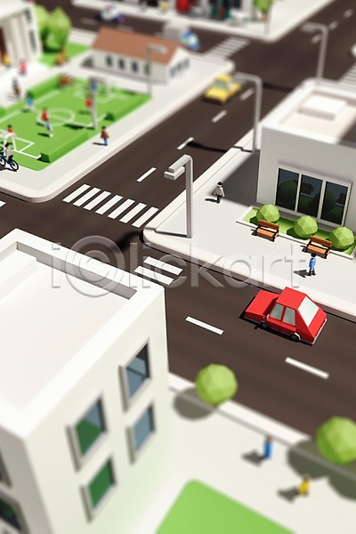 군중 3D PSD 디지털합성 편집이미지 가로수 건물 그래픽 나무 도로 도시 마을 빌딩 아이소메트릭 자동차 폴리곤