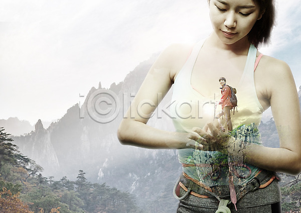 20대 남자 두명 성인 여자 한국인 PSD 편집이미지 등산 산 암벽등반 운동 편집